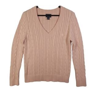 Chaps Ralph Lauren V Neck Cable Knit Sweater Sz XL Pink Cotton Preppy Old Money
